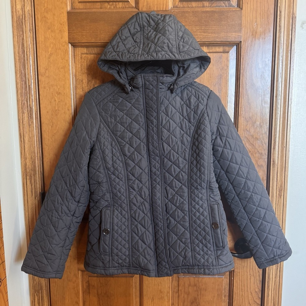 Weatherproof Winter Coat Quilted Womens Sz MM Gray Mid length With Hood Puffer
